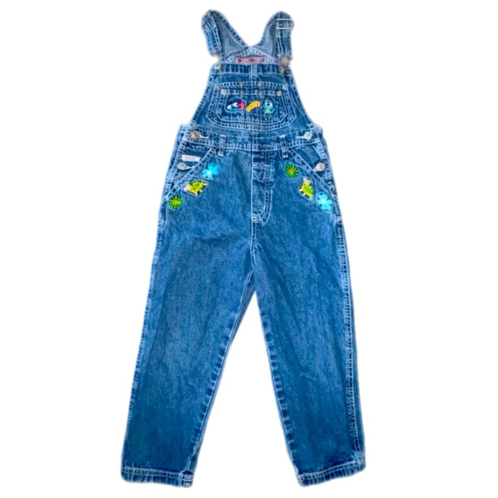 Vintage 90's Revolt Blue Denim Flower Motif Bib Overalls Girls Sz 6-7